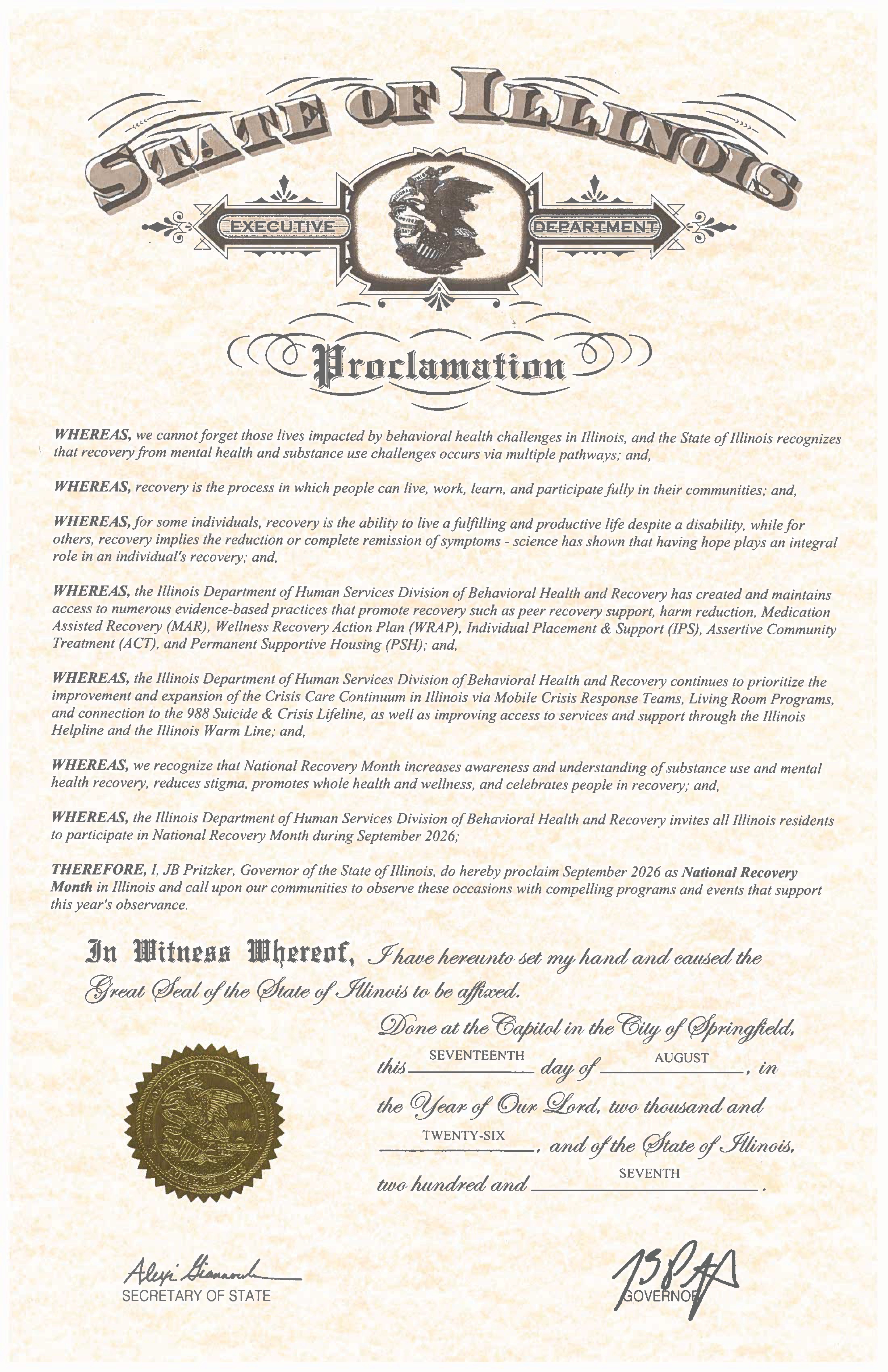 State of Illinois Executive Department proclamation declaring September 2026 as National Recovery Month, signed by Governor JB Pritzker